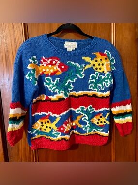 Vtg Jennifer Reed Hand Made Knitted Floral Cottagecore Blue 3-D Sweater Petite